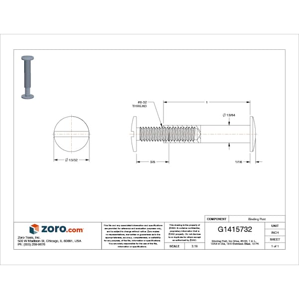Binding Barrel, #8-32, 1 in Brl Lg, 13/64 in Brl Dia, 18-8 Stainless Steel Plain, 10 PK