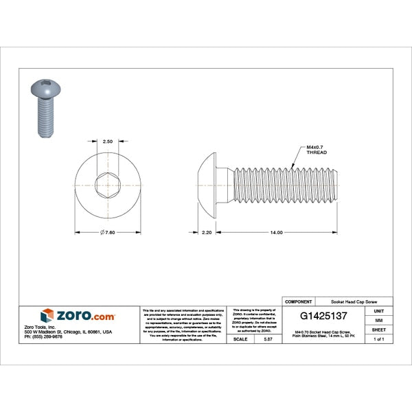 M4-0.70 Socket Head Cap Screw, Plain Stainless Steel, 14 mm Length, 50 PK