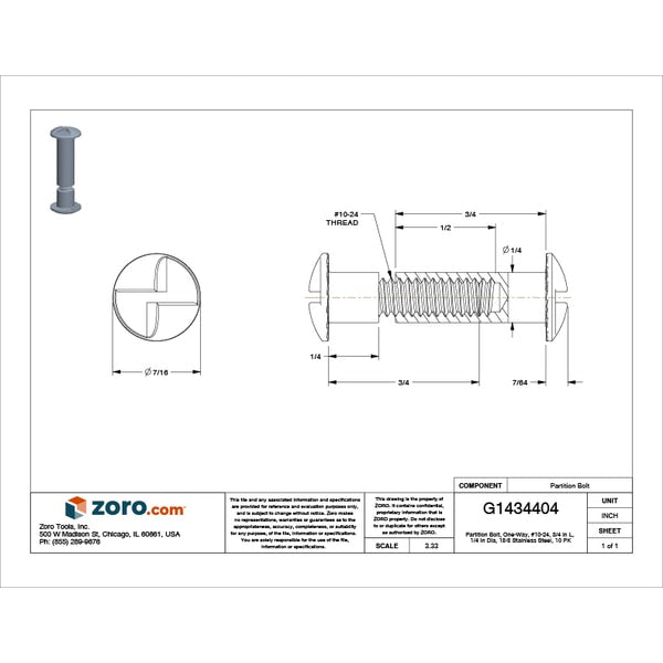 Partition Bolt, #10-24, 3/4 in Brl Lg, 1/4 in Brl Dia, 18-8 Stainless Steel Plain, 10 PK