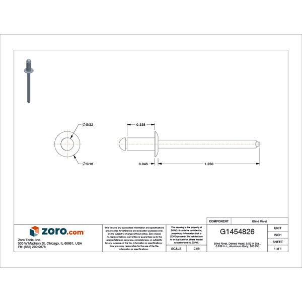 Blind Rivet, Dome Head, 5/32 in Dia., 11/32 in L, Aluminum Body, 500 PK