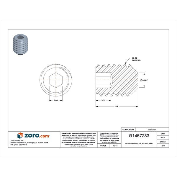 Socket Set Screw, Flat, 8-32x1/4, PK50
