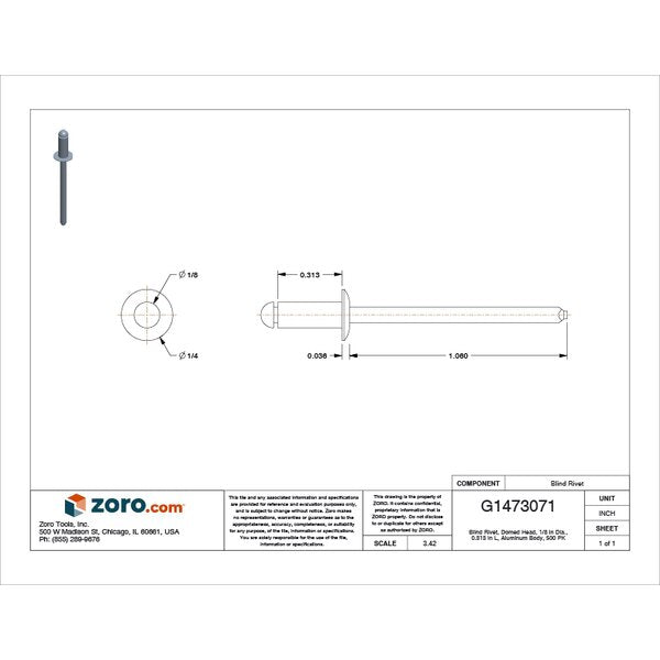 Blind Rivet, Dome Head, 1/8 in Dia., 5/16 in L, Aluminum Body, 500 PK
