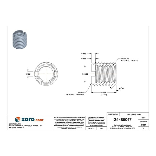 Heavy Wall Self Locking Thread Insert, M12-1.75 Int Thrd Sz, 18-8 Stainless Steel, 5 PK