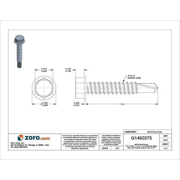 Self-Drilling Screw, #12 x 1 1/4 in, Plain 410 Stainless Steel Hex Head External Hex Drive, 50 PK