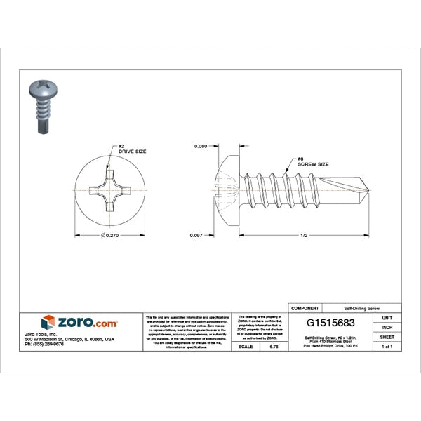 Self-Drilling Screw, #6 x 1/2 in, Plain 410 Stainless Steel Pan Head Phillips Drive, 100 PK