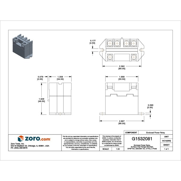 Enclosed Power Relay, Surface (Top Flange) Mounted, DPST-NO, 200/240V AC, 6 Pins, 2 Poles