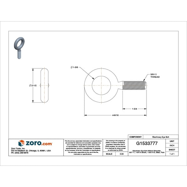 Machinery Eye Bolt Without Shoulder, 5/8