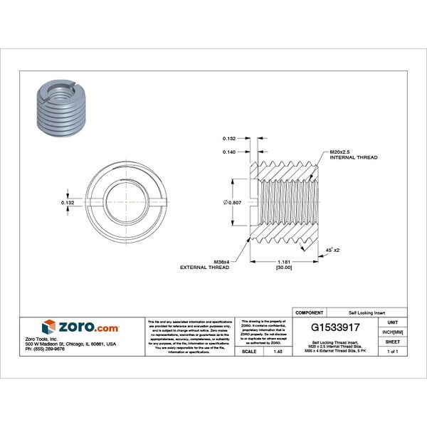 Heavy Wall Self Locking Thread Insert, M20-2.50 Int Thrd Sz, Carbon Steel, 5 PK