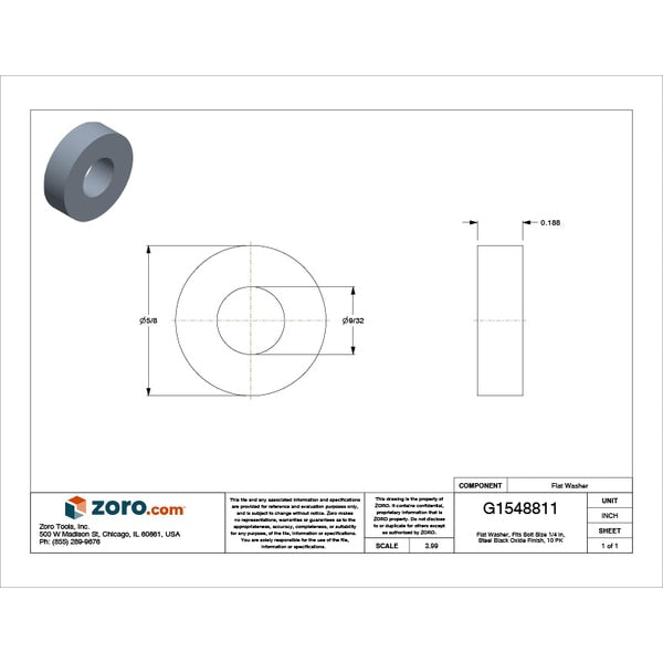 Flat Washer, Fits Bolt Size 1/4 in , Steel Black Oxide Finish, 10 PK