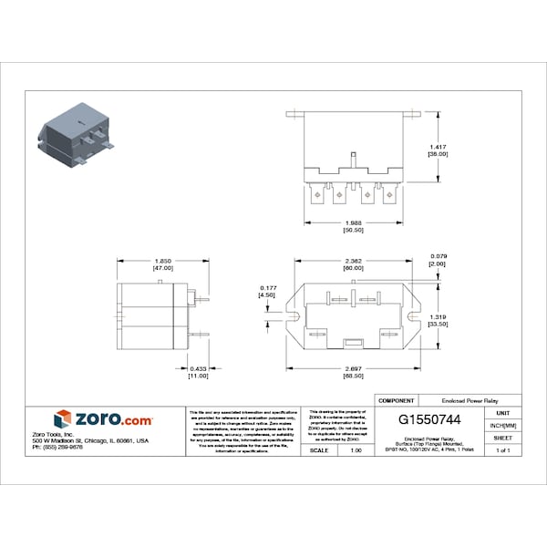 Enclosed Power Relay, Surface (Top Flange) Mounted, SPST-NO, 100/120V AC, 4 Pins, 1 Poles