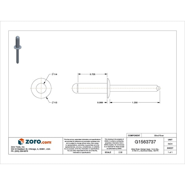 Blind Rivet, Dome Head, 1/4 in Dia., 23/32 in L, Aluminum Body, 100 PK
