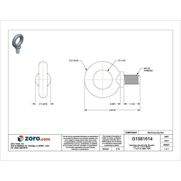 Machinery Eye Bolt With Shoulder, 3/4