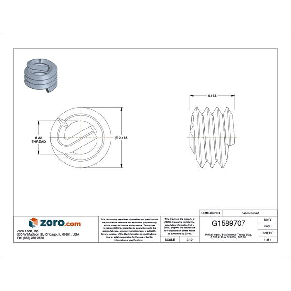 Tanged Helical Insert, Screw-Locking, #6-32 Thrd Sz, Nitronic 60, 100 PK