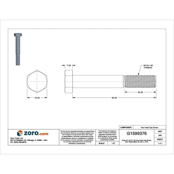 Class 8.8, M12-1.50 Hex Head Cap Screw, Zinc Plated Steel, 80 mm L, 5 PK