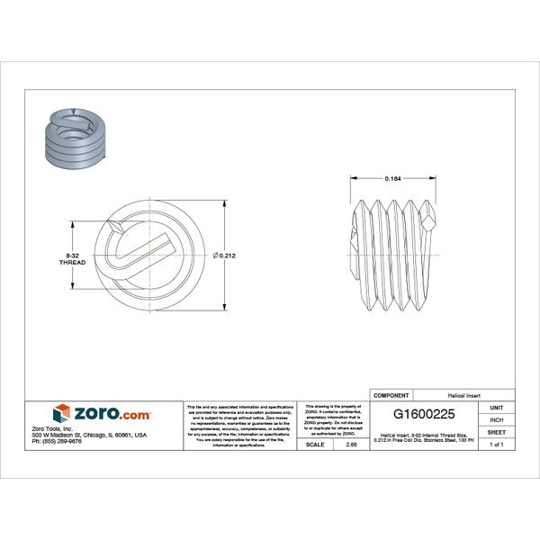 Tanged Helical Insert, Free-Running, #8-32 Thrd Sz, 18-8 Stainless Steel, 100 PK