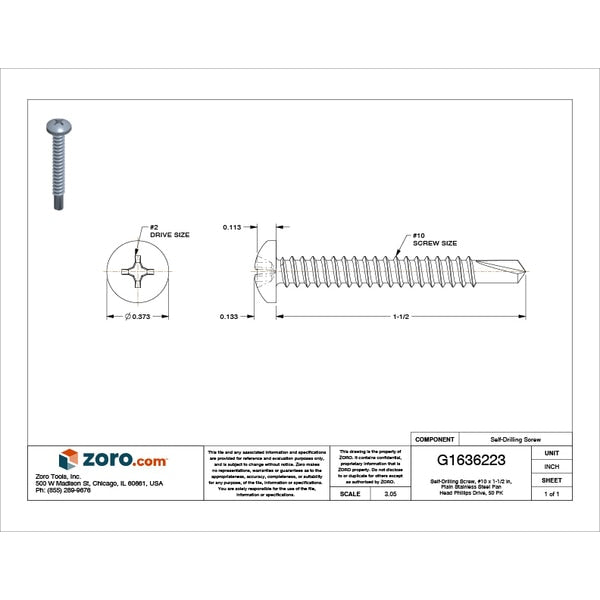 Self-Drilling Screw, #10 x 1-1/2 in, Plain Stainless Steel Pan Head Phillips Drive, 50 PK