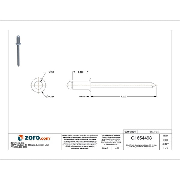 Blind Rivet, Countersunk Head, 1/8 in Dia., 1/4 in L, Aluminum Body, 500 PK