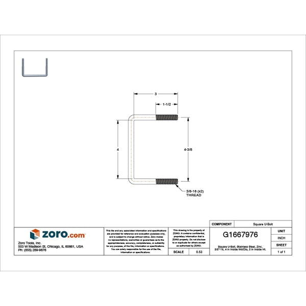 Square U-Bolt, 3/8