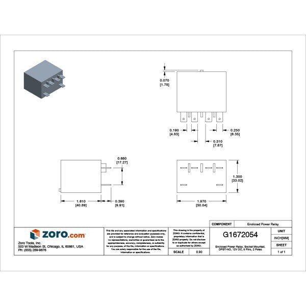 Enclosed Power Relay, Socket Mounted, DPST-NO, 12V DC, 6 Pins, 2 Poles