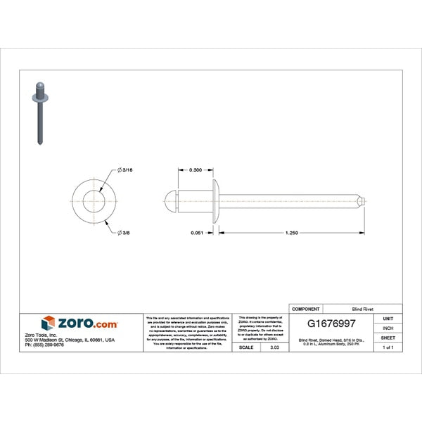Blind Rivet, Dome Head, 3/16 in Dia., 19/64 in L, Aluminum Body, 250 PK
