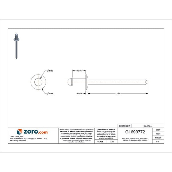 Blind Rivet, Dome Head, 5/32 in Dia., 9/32 in L, Aluminum Body, 500 PK