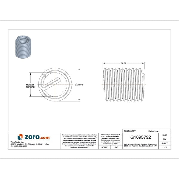Tanged Helical Insert, Free-Running, M20-2.50 Thrd Sz, 18-8 Stainless Steel, 4 PK
