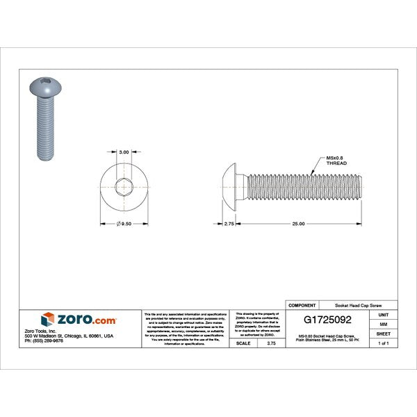 M5-0.80 Socket Head Cap Screw, Plain Stainless Steel, 25 mm Length, 50 PK