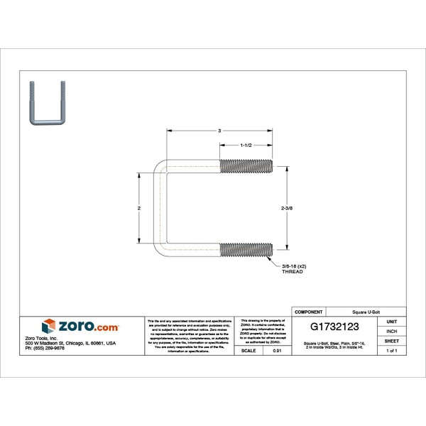 Square U-Bolt, 3/8