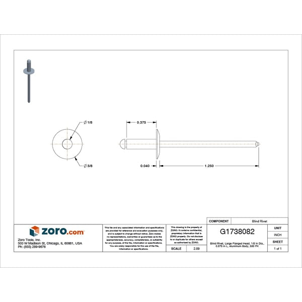 Blind Rivet, Flanged Head, 1/8 in Dia., 3/8 in L, Aluminum Body, 500 PK