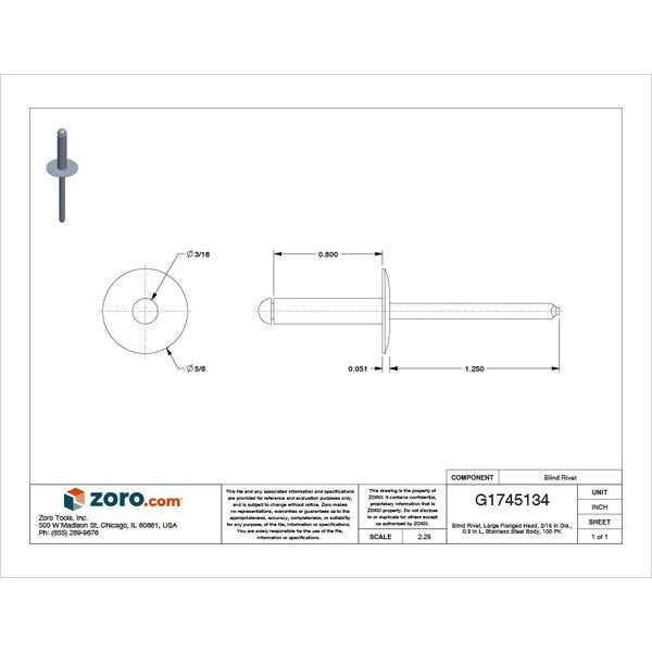 Blind Rivet, Flanged Head, 3/16 in Dia., 51/64 in L, Stainless Steel Body, 100 PK