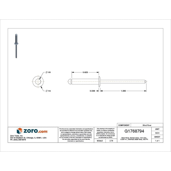 Blind Rivet, Dome Head, 1/8 in Dia., 5/8 in L, Stainless Steel Body, 500 PK