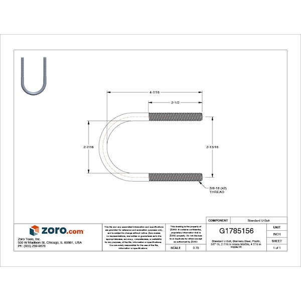 Round U-Bolt, 3/8