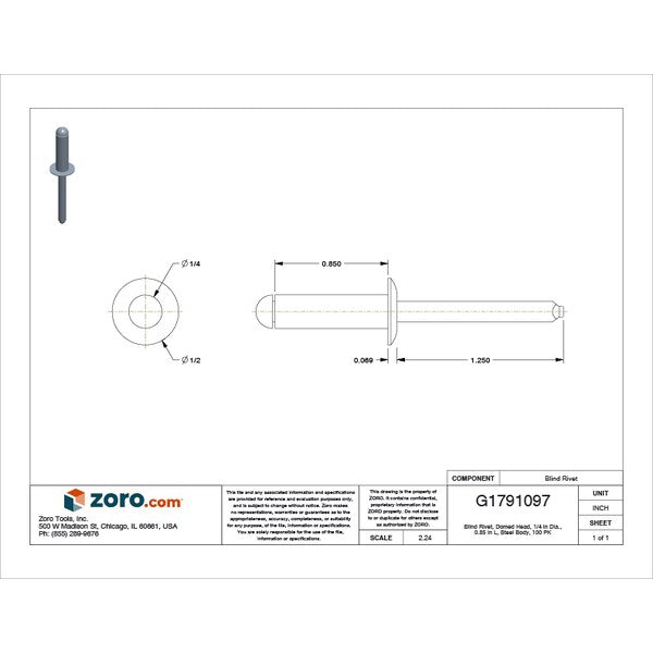 Blind Rivet, Dome Head, 1/4 in Dia., 27/32 in L, Steel Body, 100 PK