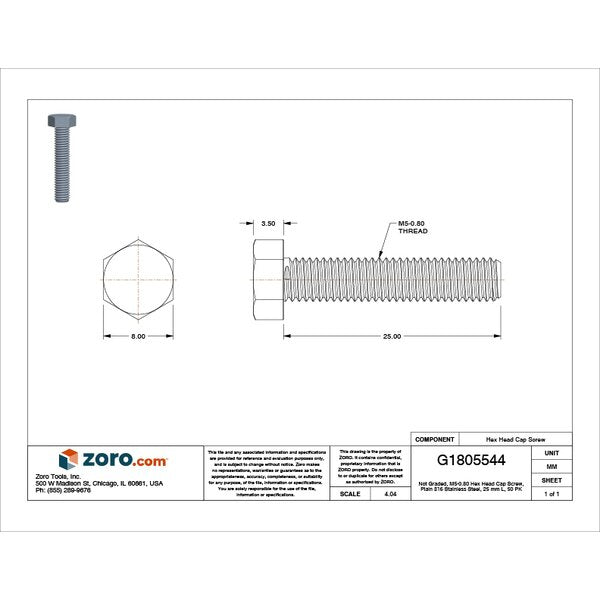 Not Graded, M5-0.80 Hex Head Cap Screw, Plain 316 Stainless Steel, 25 mm L, 50 PK