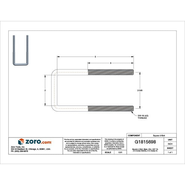 Square U-Bolt, 3/8