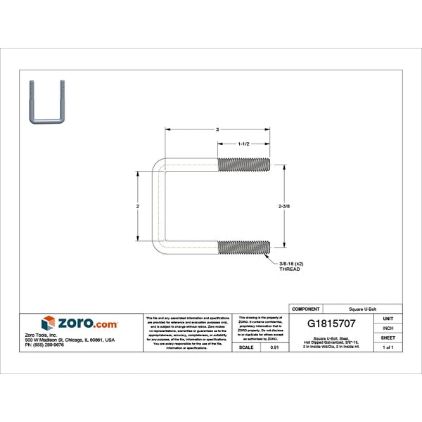 Square U-Bolt, 3/8