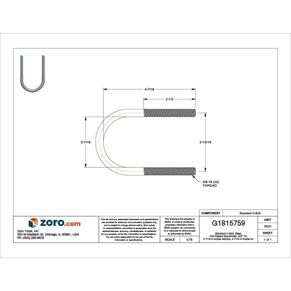 Round U-Bolt, 3/8
