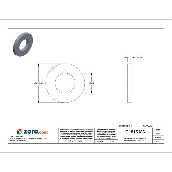 Flat Washer, Fits Bolt Size 3/4 in , Steel Black Oxide Finish, 10 PK