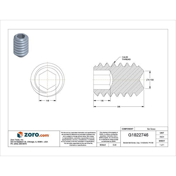 Socket Set Screw, Cup, 1/4-20x3/8, PK100