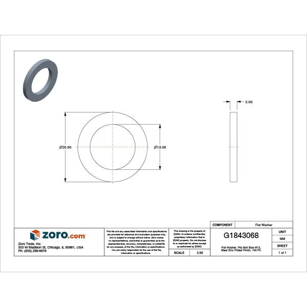Flat Washer, Fits Bolt Size M12 , Steel Zinc Plated Finish, 100 PK