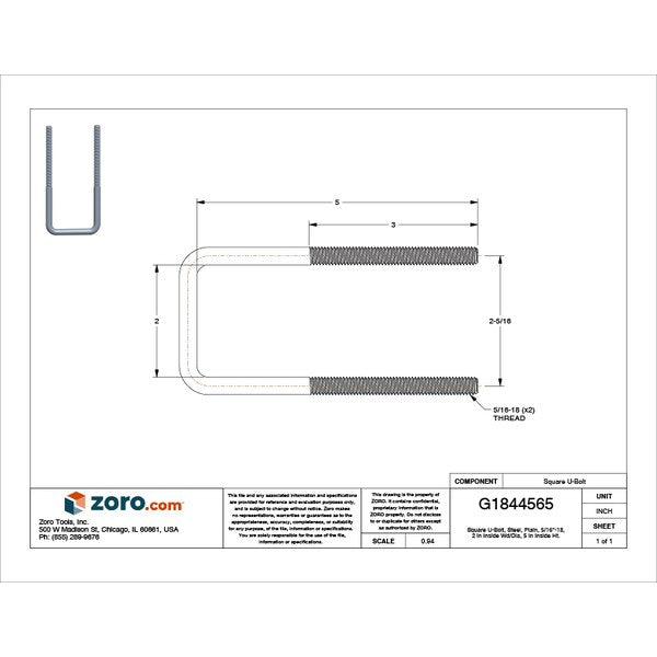 Square U-Bolt, 5/16