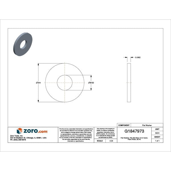 Flat Washer, Fits Bolt Size 1/4 in , Nylon Plain Finish, 40 PK