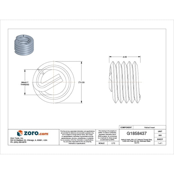 Tanged Helical Insert, Free-Running, M4-0.70 Thrd Sz, 18-8 Stainless Steel, 100 PK