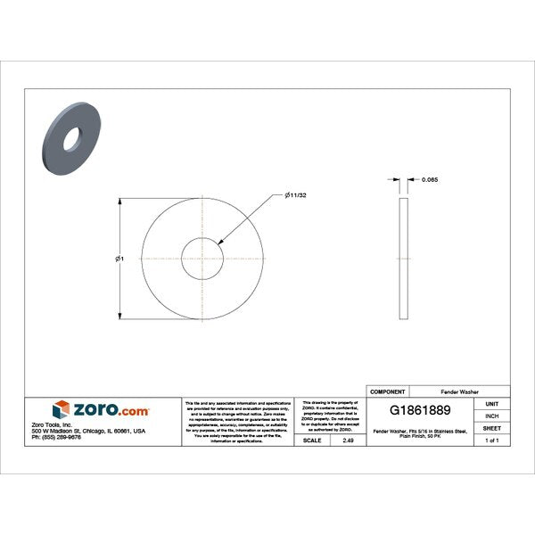 Fender Washer, Fits Bolt Size 5/16 in , Stainless Steel Plain Finish, 50 PK