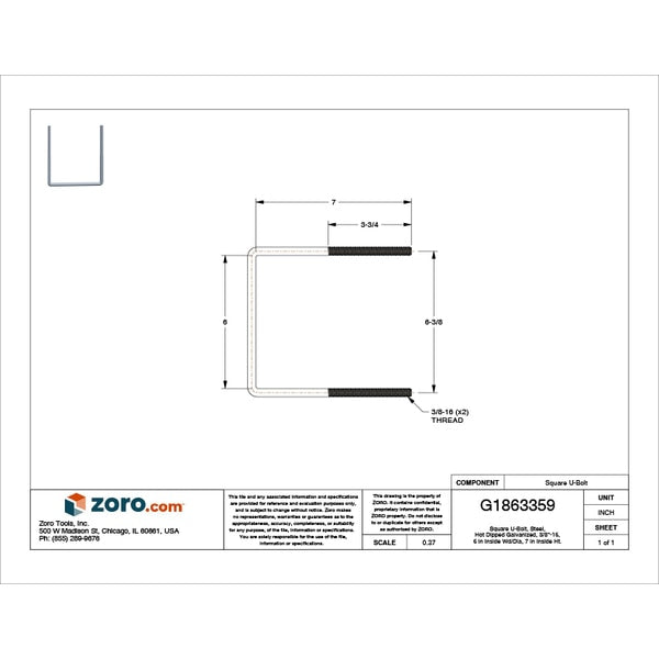 Square U-Bolt, 3/8