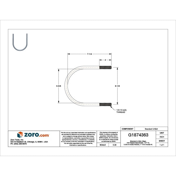 Round U-Bolt, 1/2