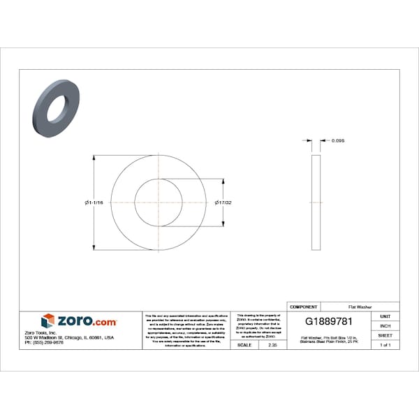 Flat Washer, Fits Bolt Size 1/2 in , Stainless Steel Plain Finish, 25 PK