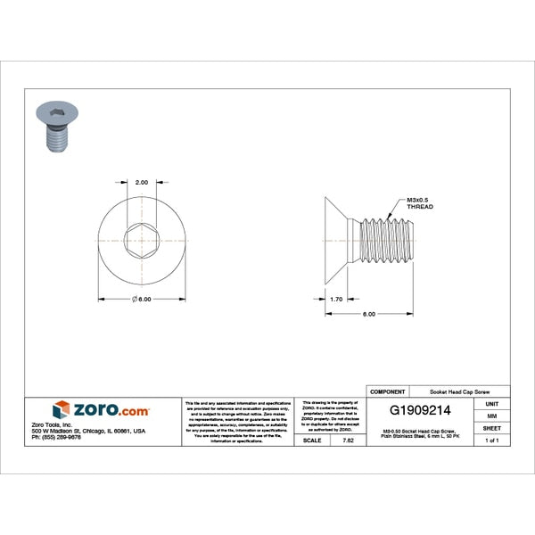M3-0.50 Socket Head Cap Screw, Plain Stainless Steel, 6 mm Length, 50 PK