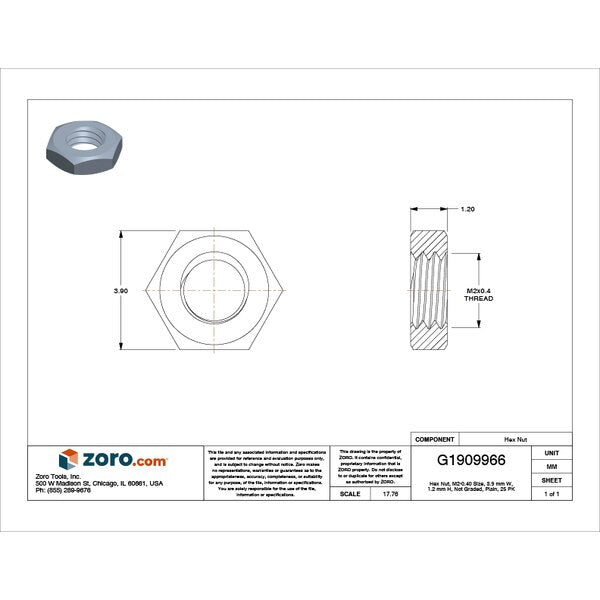 Machine Screw Nut, M2-0.40, Nylon, Not Graded, Plain, 1.20 mm Ht, 25 PK
