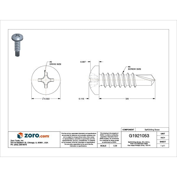 Self-Drilling Screw, #8 x 5/8 in, Plain 410 Stainless Steel Pan Head Phillips Drive, 100 PK